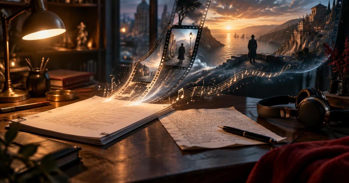 A script page and song lyrics transforming into a cinematic film frame.