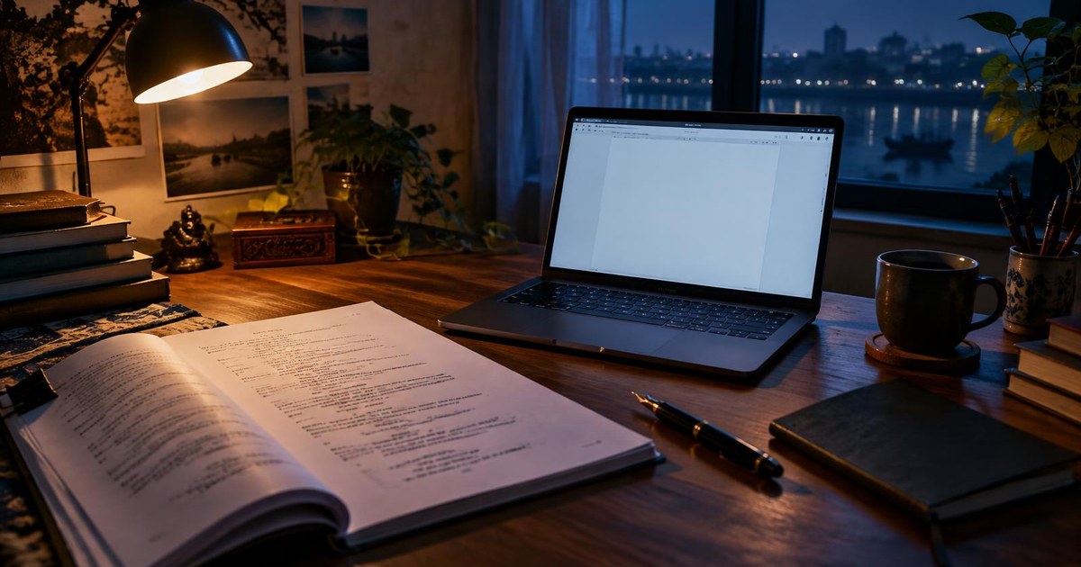 Screenwriter's desk with script pages and a laptop