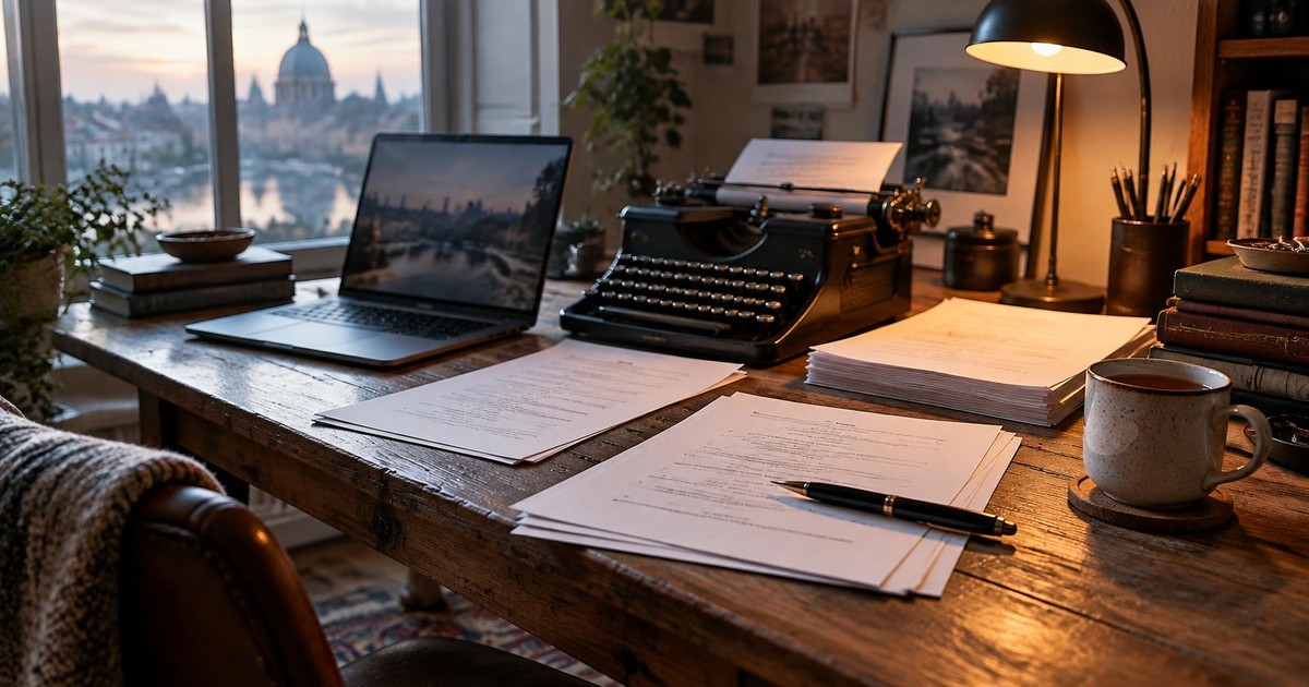 A writer's desk with a typewriter, laptop, script pages, pen, and cup of tea.