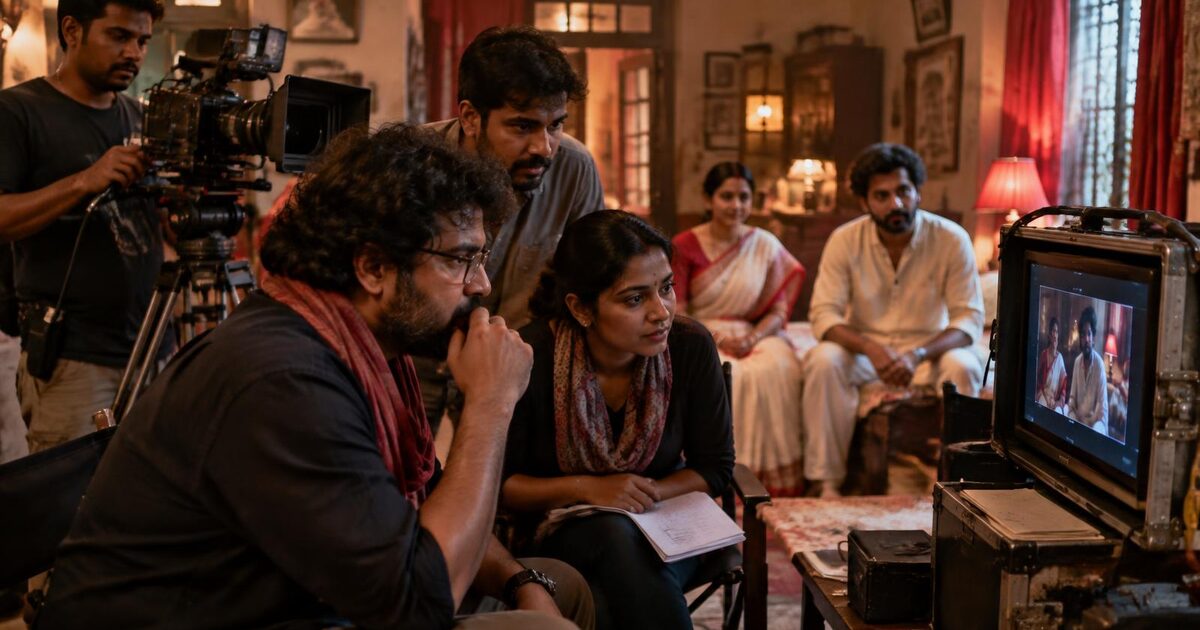 Bengali short-film crew reviewing a completed scene on a production monitor