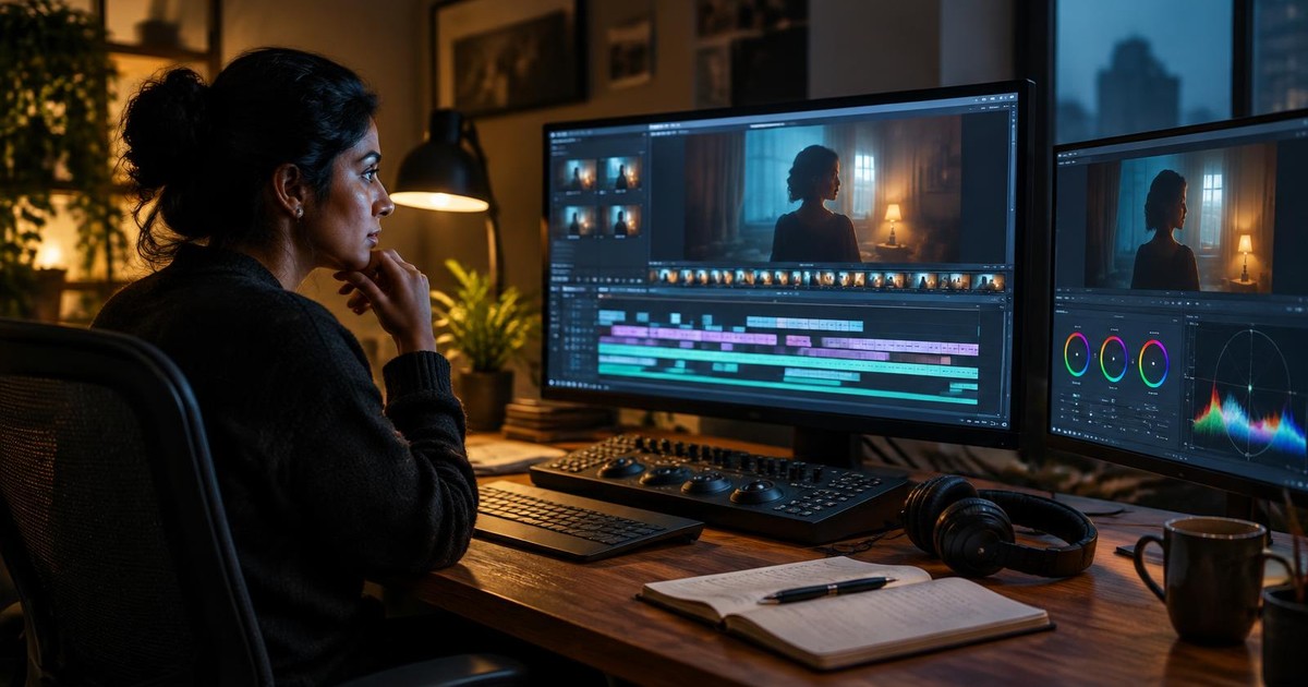 Film editor reviewing a short film's final cut on an editing timeline.