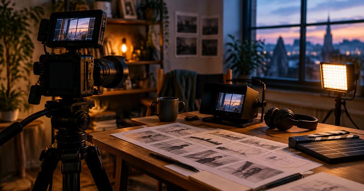 A filmmaker's workspace with a cinema camera, storyboard sketches, and a clapperboard.