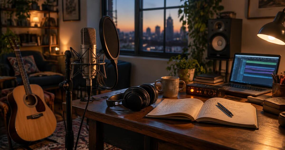 Songwriter's home studio with a microphone, guitar, and lyric notebook