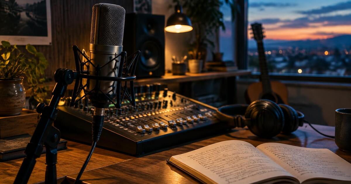 A home recording studio with a microphone, mixing board, and notebook of lyrics, representing a finished song ready for its music video.